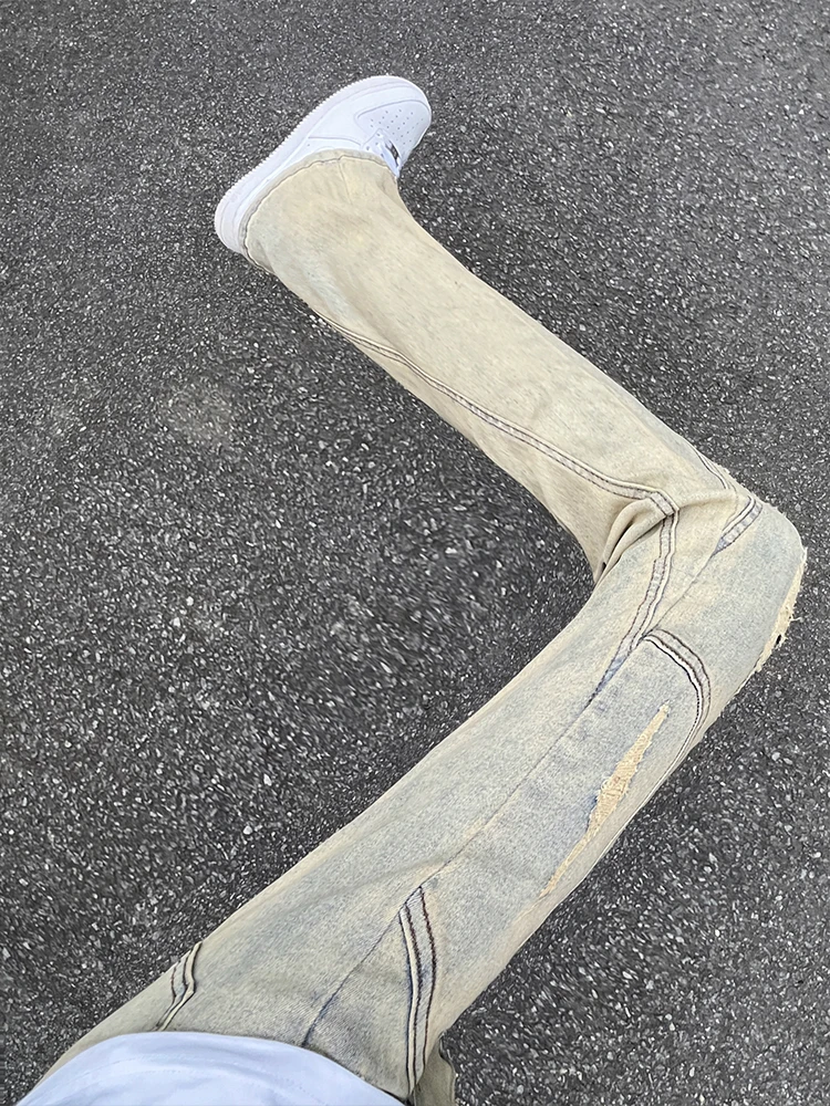 

American Vibe Deconstructed Jeans Washed out Mud Color Men's Hole Street Straight Leg Micro Flared Pants mid Waist Zipper Clo...