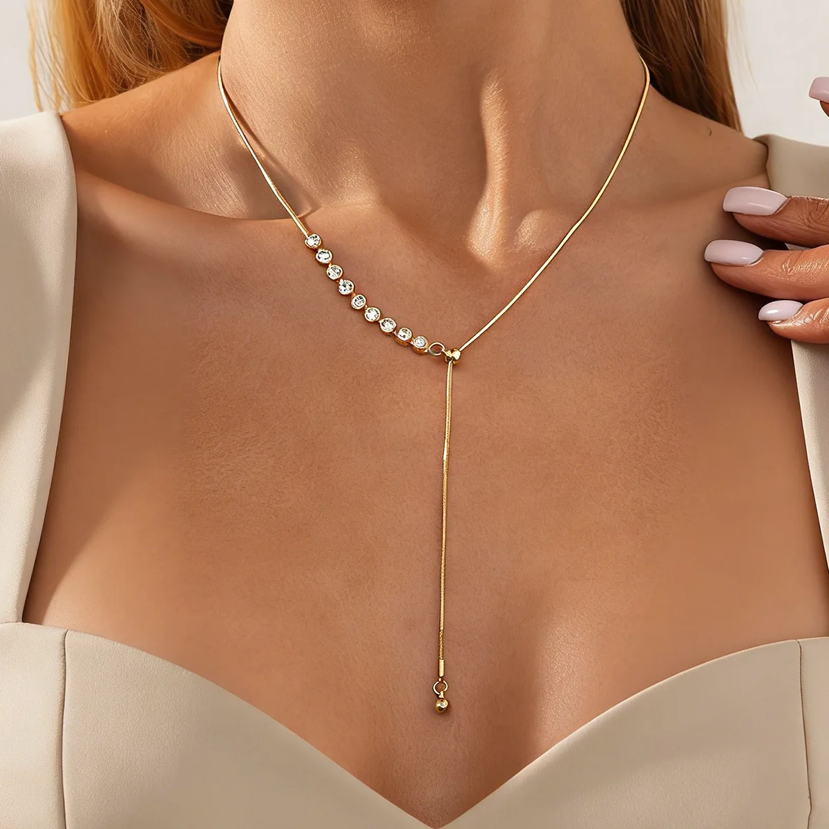 Necklace Y Shape Snake Chain Micro Rhinestone Adjustable Chic Silver Tone Alloy Lightweight Durable for Women Daily Use