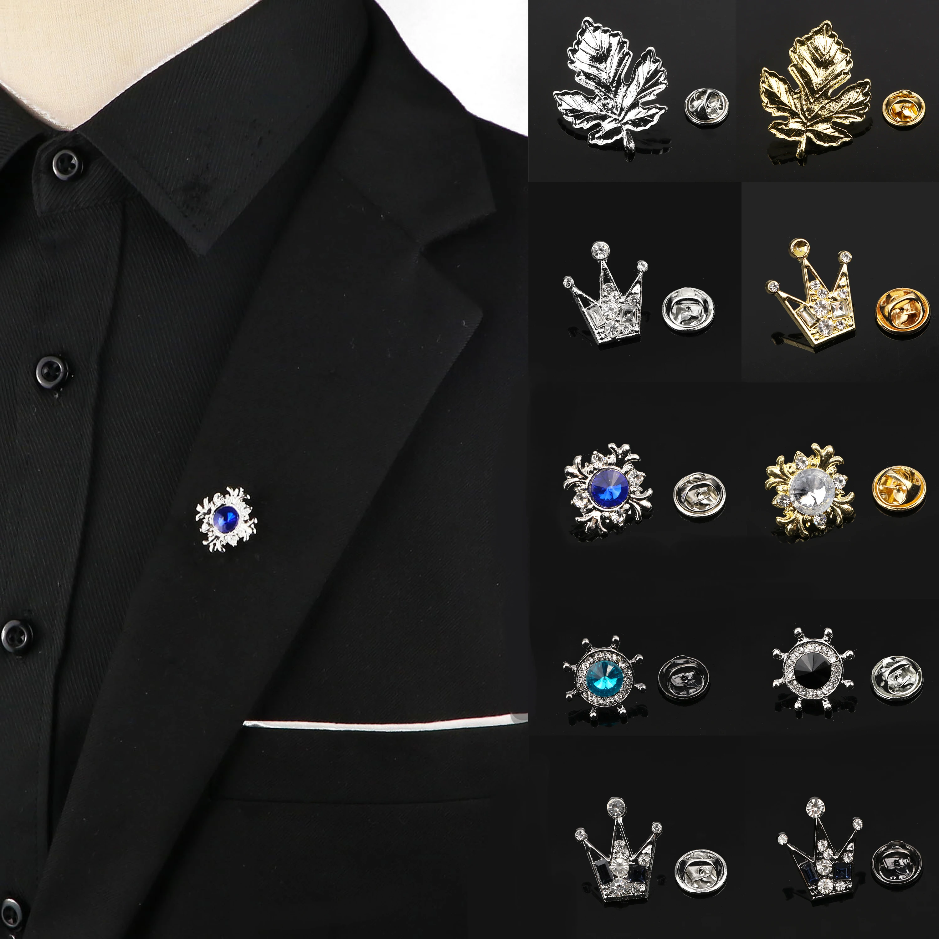 Fashion Brooch For Men Suit Shirt Crystal Rhinestone Rudders Leaves Crown Pins Wedding Party Accessories
