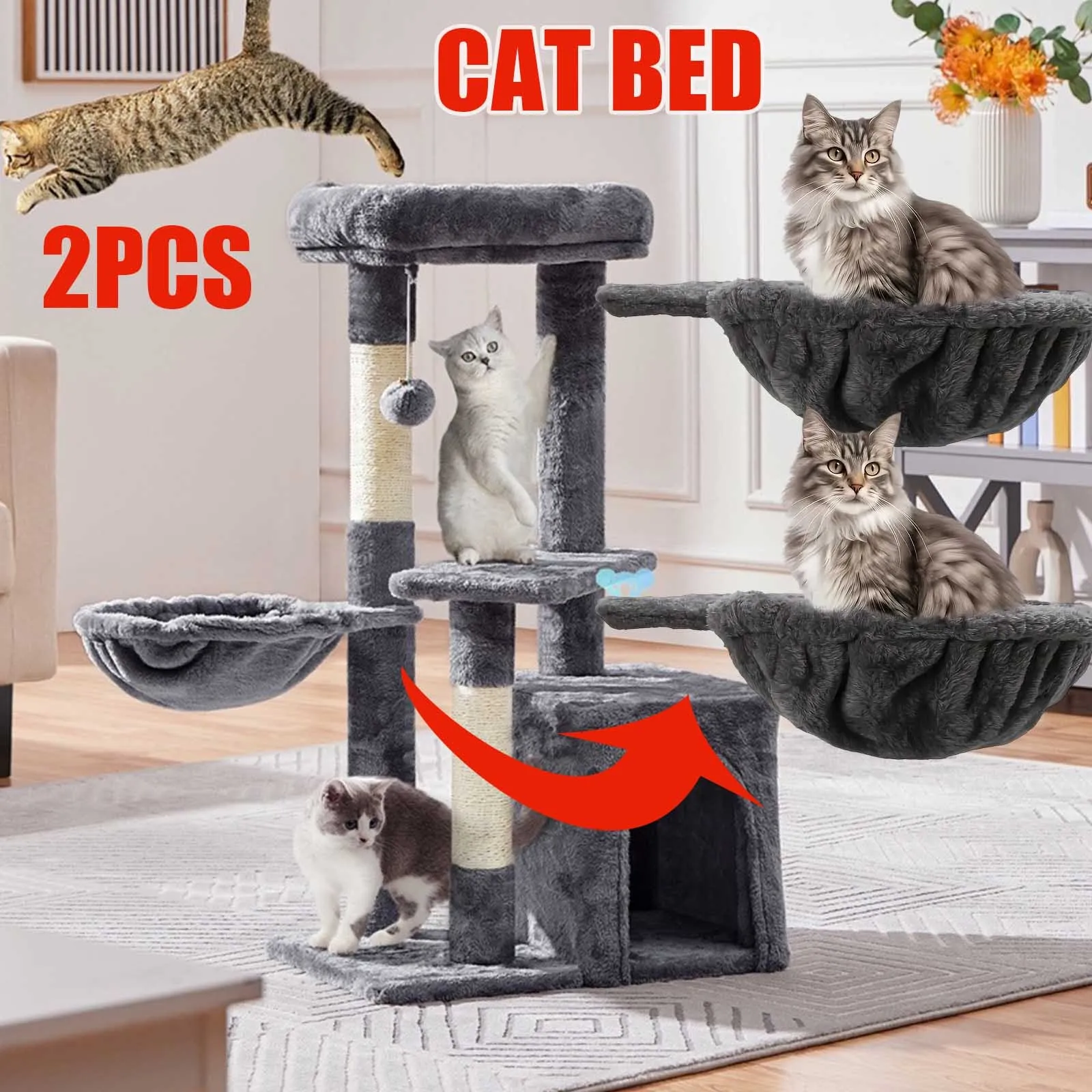 2pcs Cat Pod Multi-Layer Cat Scratching Post Tower with Hammock Alternative | Cat Cradle for Installation on Sturdy Cat Trees & Climbing Frames, Modern Minimalist Indoor Cat Furniture, Space-Saving Design for Small Spaces, Apartments