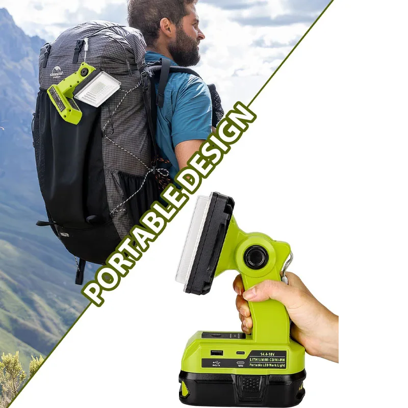 RYOBI 18V 리튬 배터리용 LED 작업등 손전등 스포트라이트, USB C타입 포트, 야외 비상 조명, P108 P104