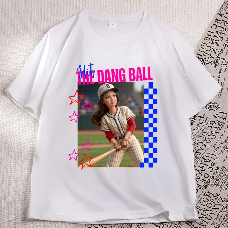 Hit The Dang Ball Baseball Mom T-shirts Woman Game Day Softball T Shirt Cotton Short Sleeve Distressed Doll Face Graphic Tees