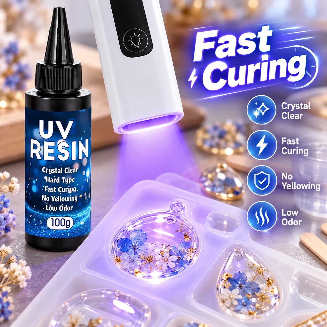 UV Resin 100g Hard Type Crystal Clear Kit, UV Lamp with Droppers, Sticks, Molds & Accessories for Fast Curing DIY Crafts