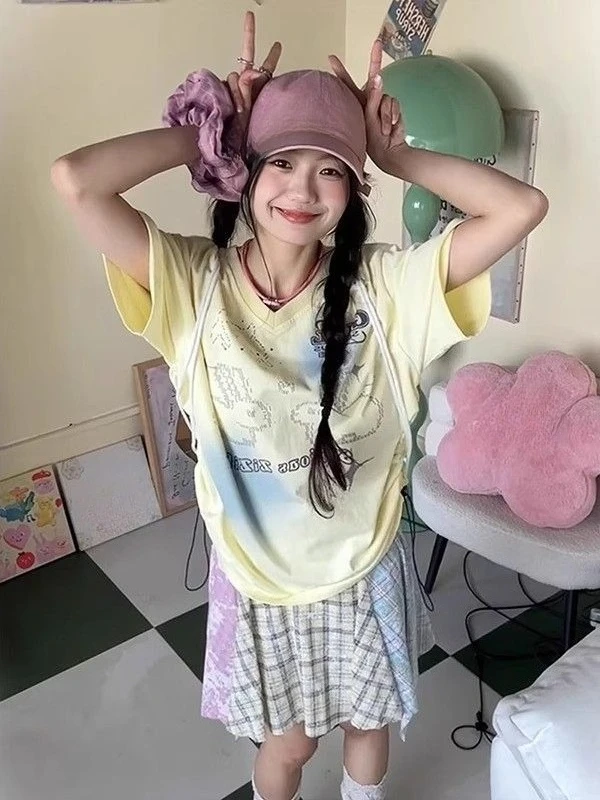 2000s خمر Y2k المحاصيل القمم المرأة قصيرة الأكمام سليم مطبوعة تيز ثقافة فرعية Harajuku الملابس الكورية الشرير القوطية تي شيرت أبلى #3