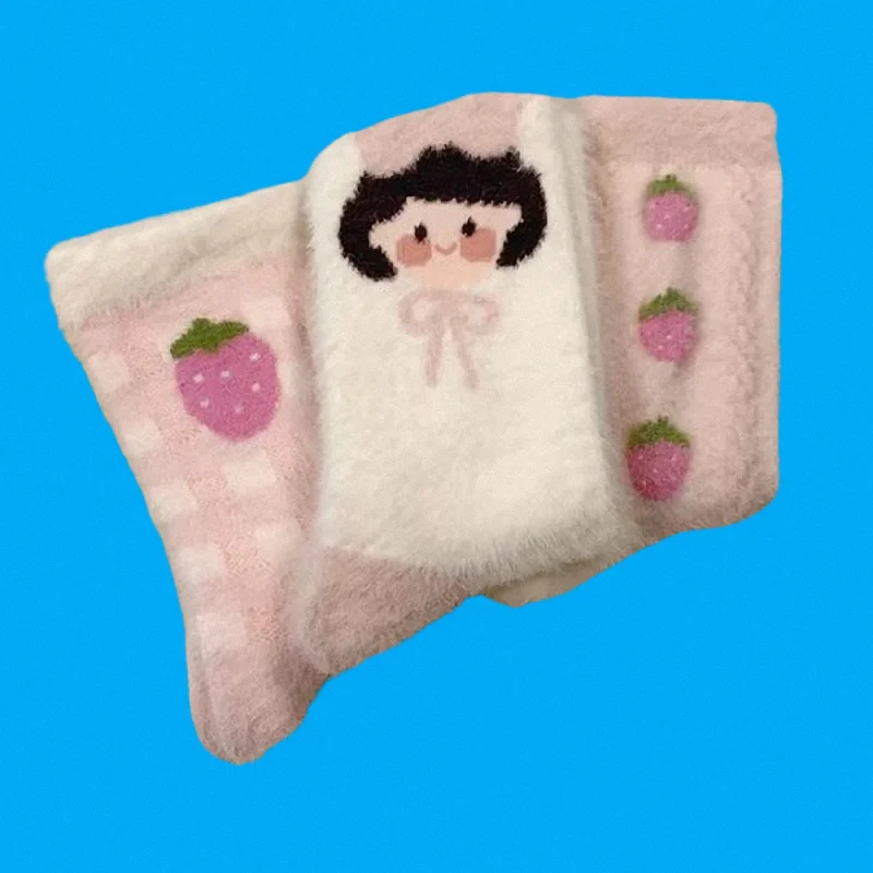 

3/6 Pairs Thickened Mid tube Floor Plush Velvet Pink Soft Strawberry Girl Cute Socks Rabbit Velvet Socks for Autumn and Winter