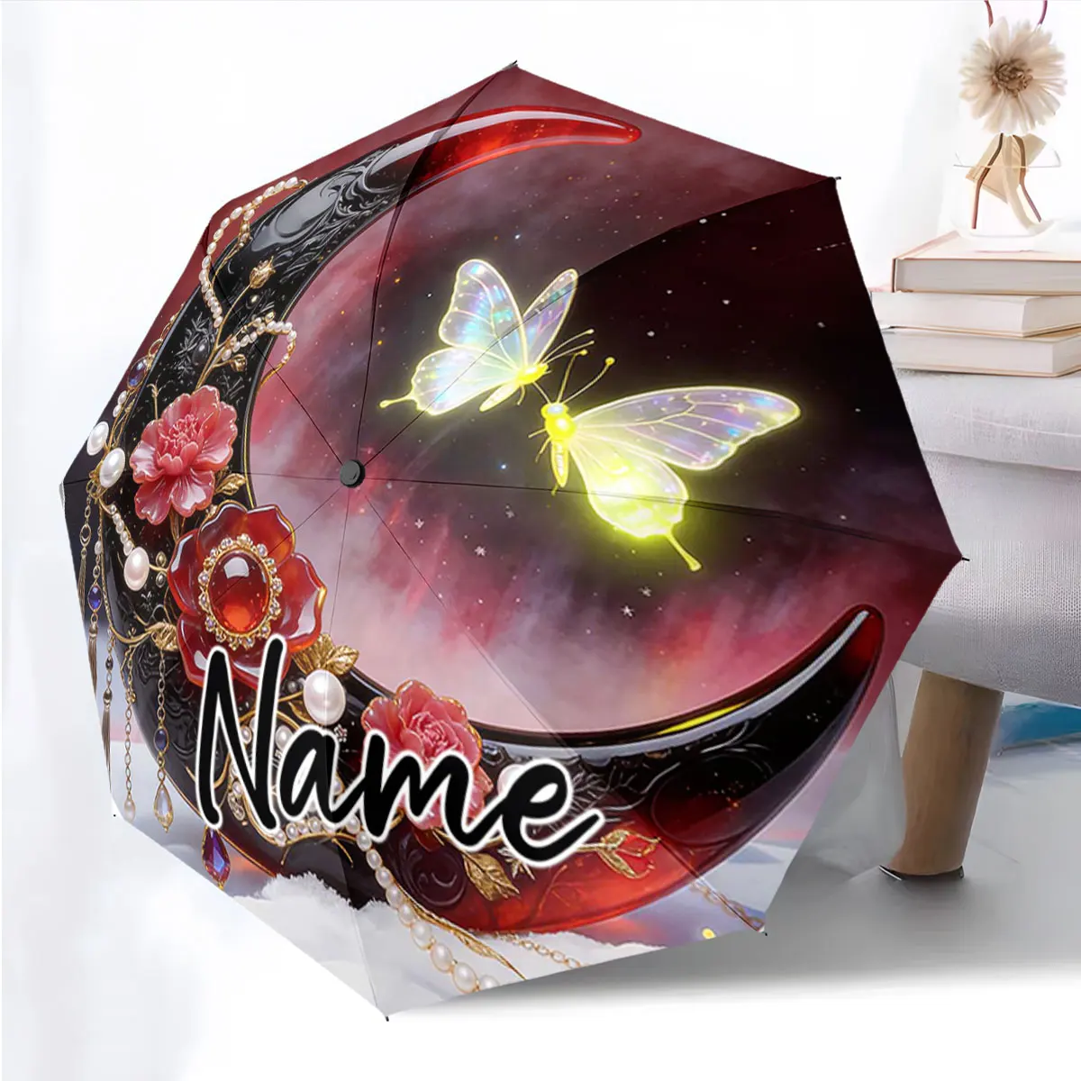 Custom Name Elegant Umbrella with Rose and Moon Design Print 8 Iron Ribs Folding Umbrella Auto-Open Fashion Sunshade