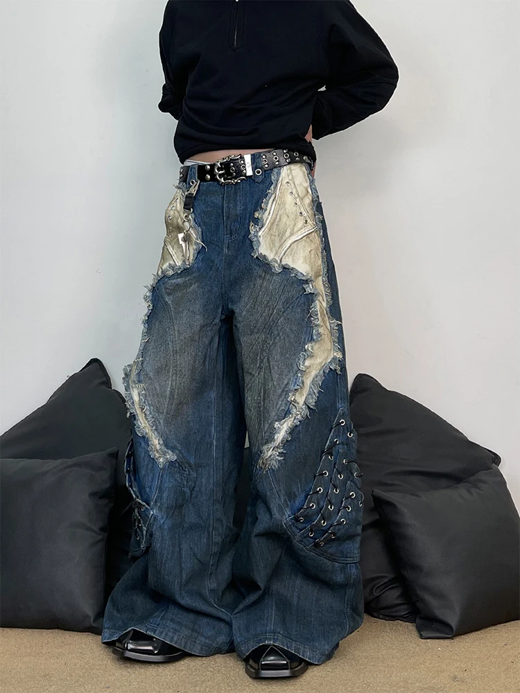 

Мужские джинсы в стиле ретро-винтаж, американский уличный стиль, с эффектом потертости, пэчворк, широкие штанины, повседневная одежда, на все сезоны