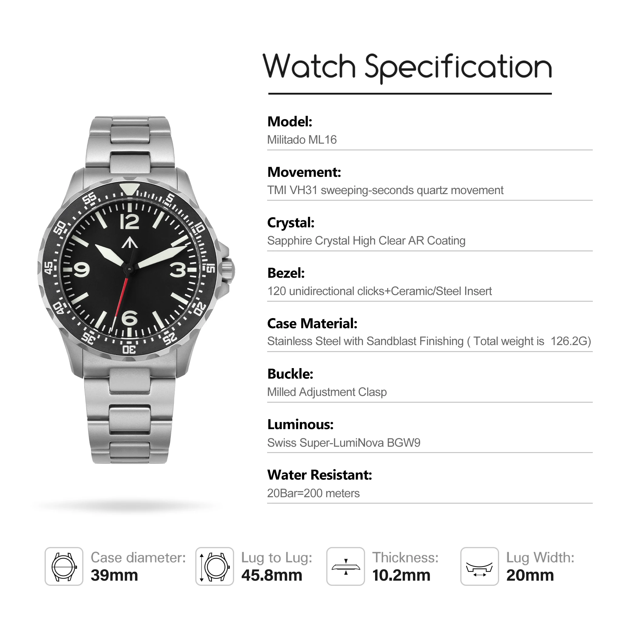 Militado ML16 39mm VH31 Dive Watches Crystal 200M Water Resistant Swiss Luminous Ceramic Bezel Quartz Wristwatch for Men