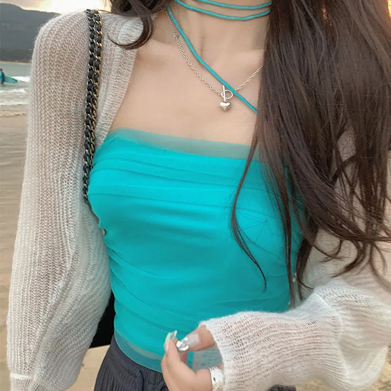 Spring Bow Knot Lsdy New Mesh Yarn Patchwork Sexy Underlay Interior Layering Knitting Elegance Solid Color Square Neck Slim Tops