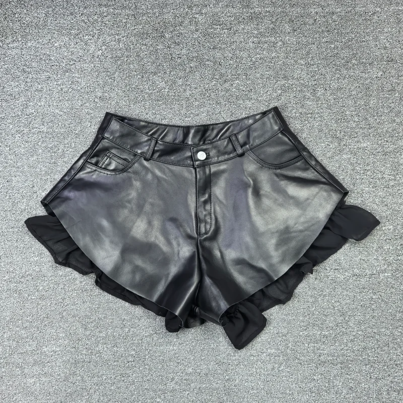 

High Waist Leather orts Women's eepskin Leather Wide Leg Pants Double Layer Gauze Wood ain Casual Sle Autumn Win...