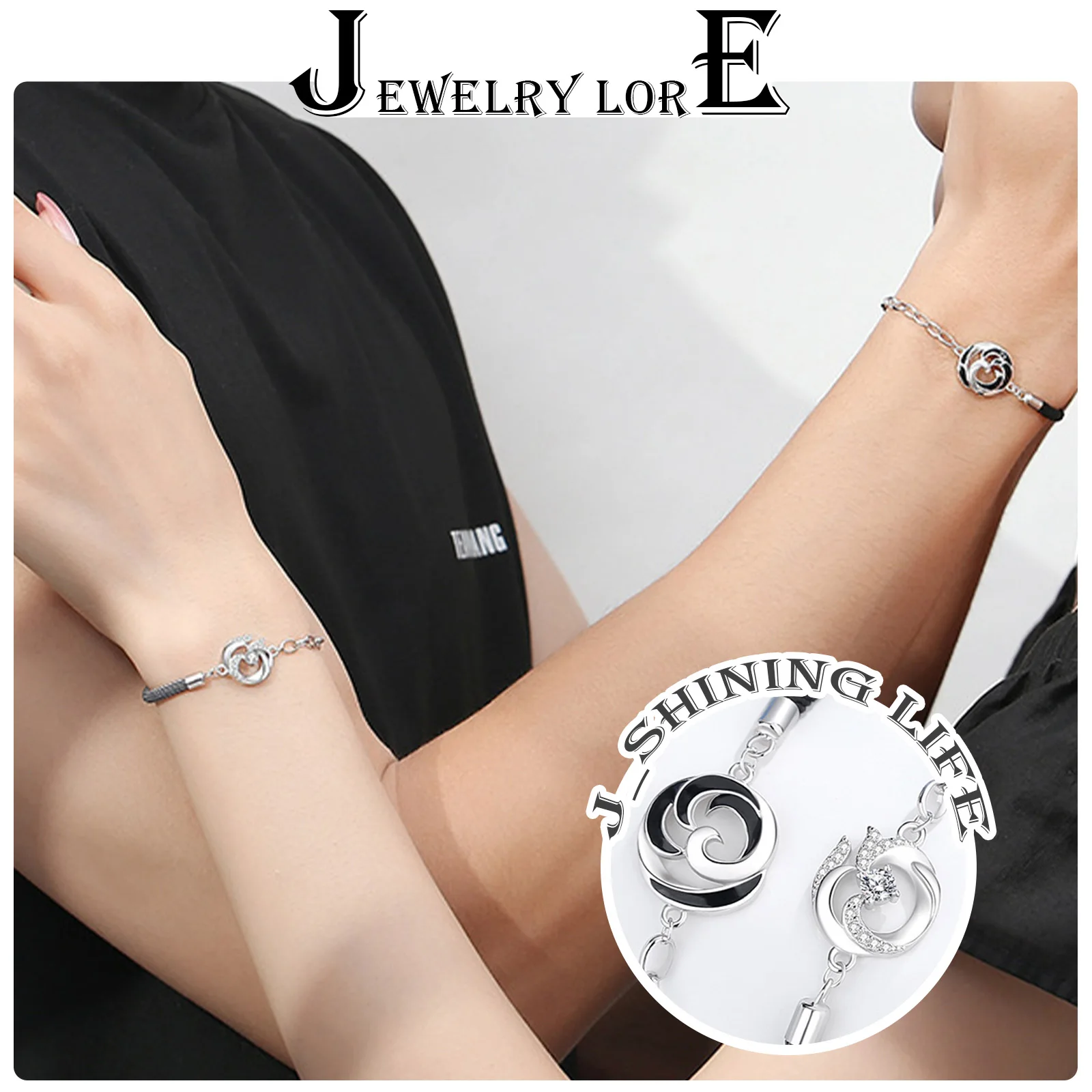 Romantic Matching Phoenix Bracelet Pair, Men Black Rope & Women Gray Zircon Rope Wrist Jewelry For Lovers