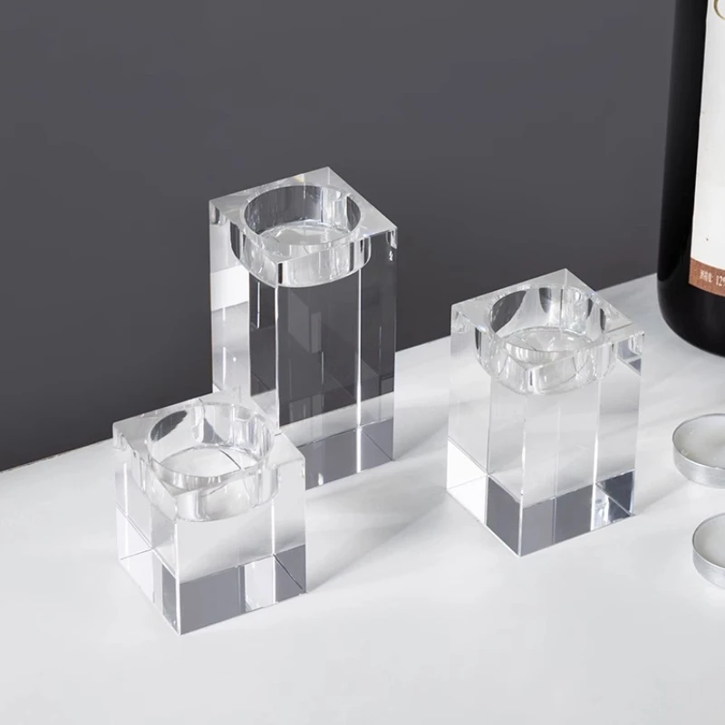 Nordic Light Luxury Square Crystal Candlestick Ornament Romantic Candlelight Dinner Prop Candle Table Decoration Home Decor