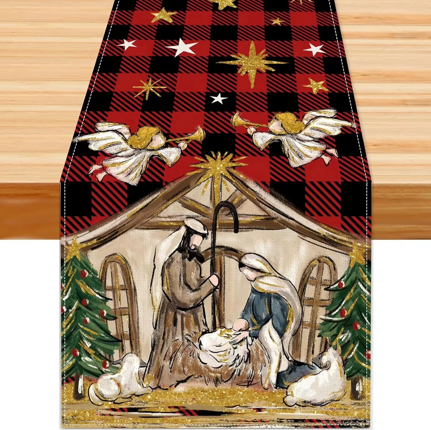 Festive Nativity Checkered table flag with Angels and Star Merry Christmas & Happy New Year High Quality Fashion Home Decoration