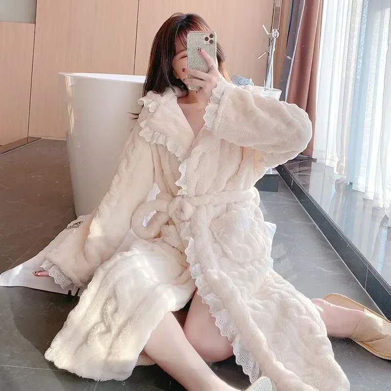 Belt Women Robe Nightdress For Pajama Warm Nightgown Wear Long Homewear Sleeve Night Lace Winter Sleepwear Japanese Solid Fleece