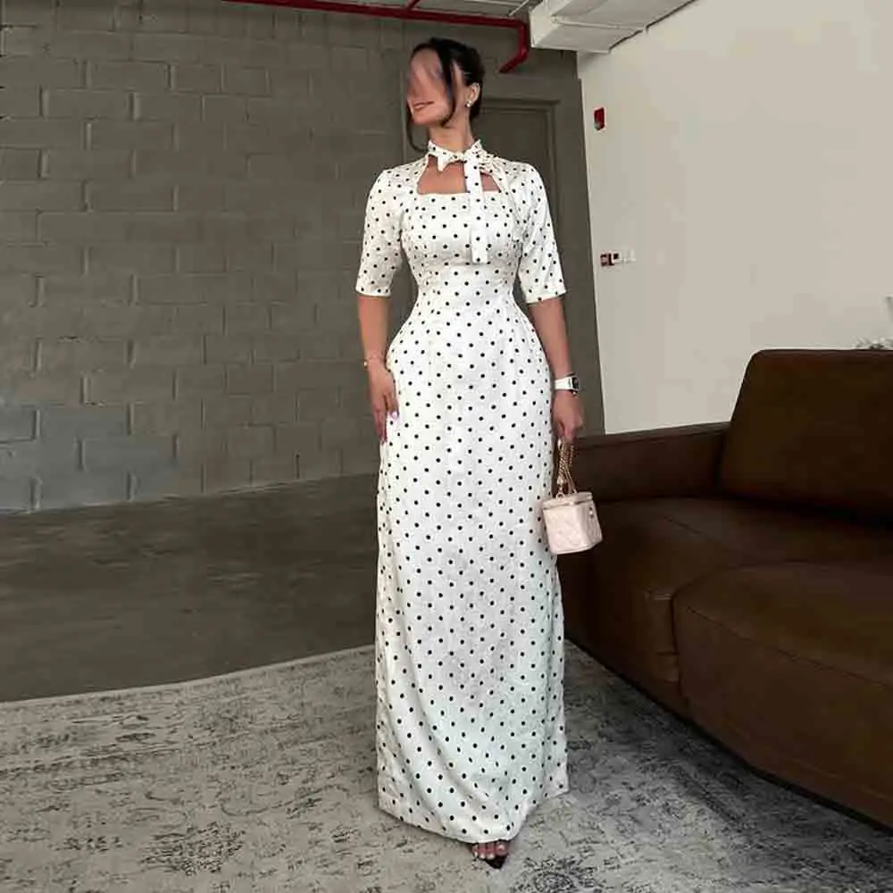 Customized Polka Dot Maxi Dress Square Neck Short Sleeve Wedding Party Gown A Line Floor Length Semi Formal Dress with Split