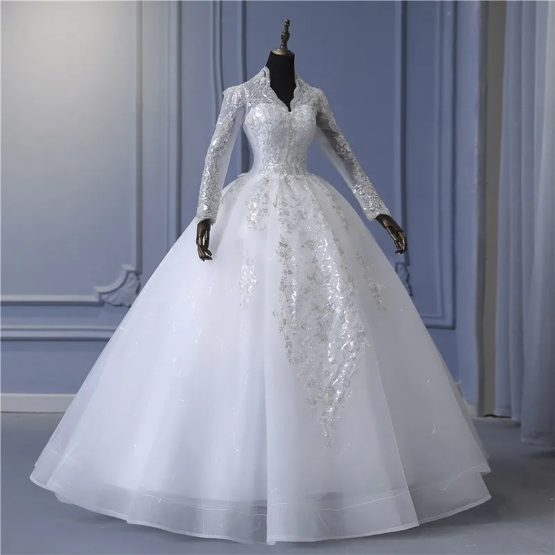 Customized Long Sleeved Ivory Wedding Dress 2025 New V Neck Luxury Beading Princes Wedding Gown Vestido De Noiva Real Video