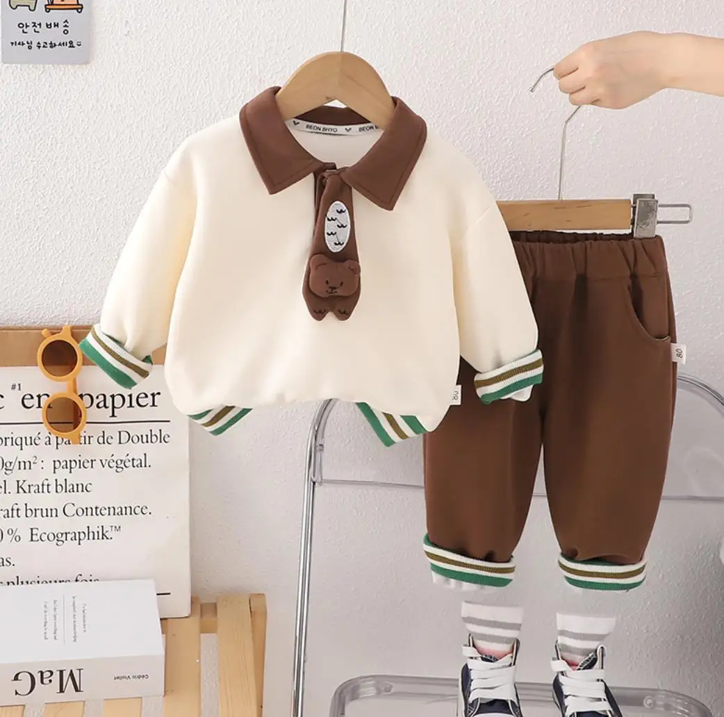 Children Spring Autumn Clothing Suits 1 To 5 Years Boys Cartoon Lapel Collar Animal Tie T-shirts And Pants Two Piece Outfits Set