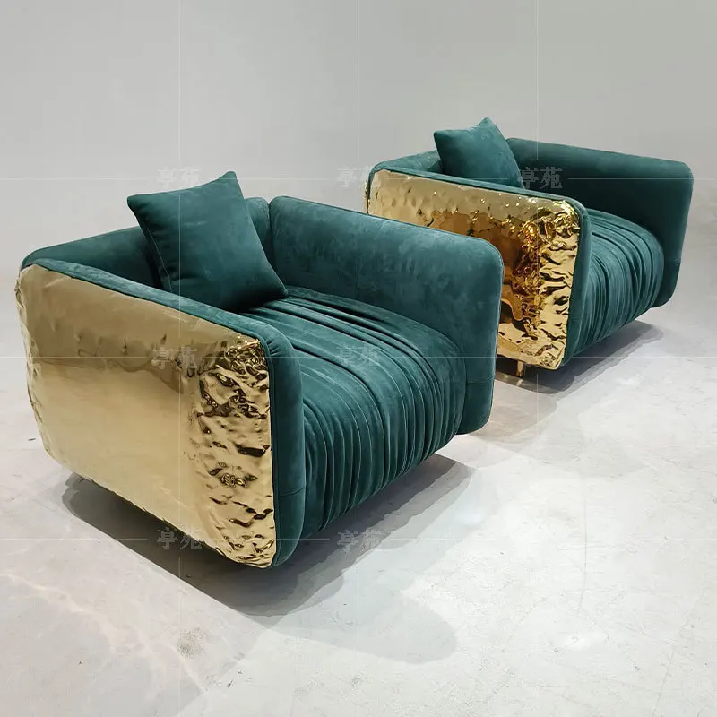 Italian light luxury single sofa stainless steel hammer pattern high-end brass fabric sofa