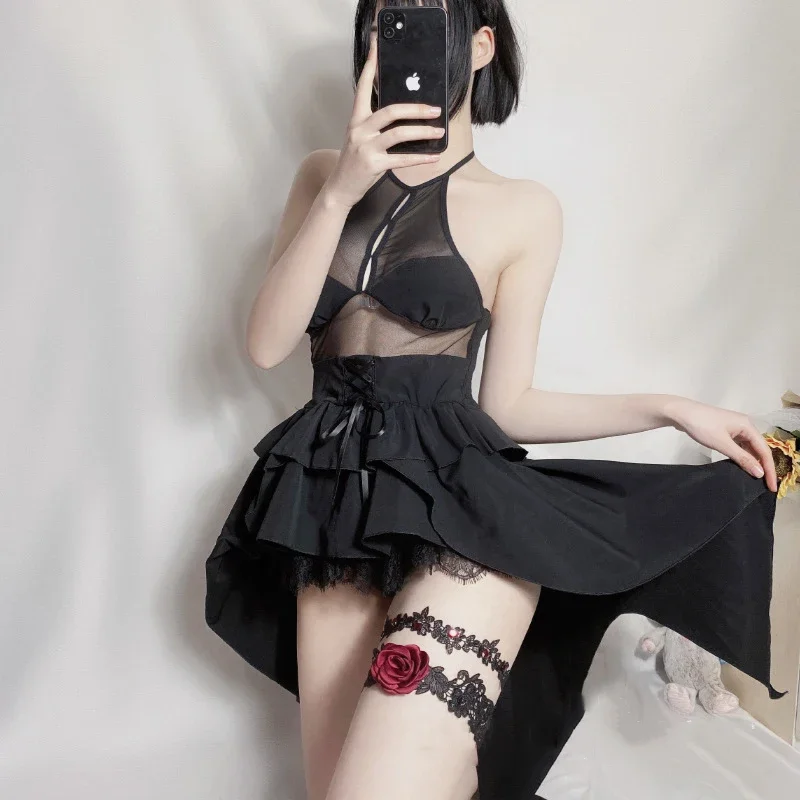 Demon Cosplay Kostuums Gothic Lolita Zwart Kant Sexy Lingerie Voor Vrouwen Schattige Bruiloft Kwaadaardige Anime Rugloze Asymmetrische Jurk