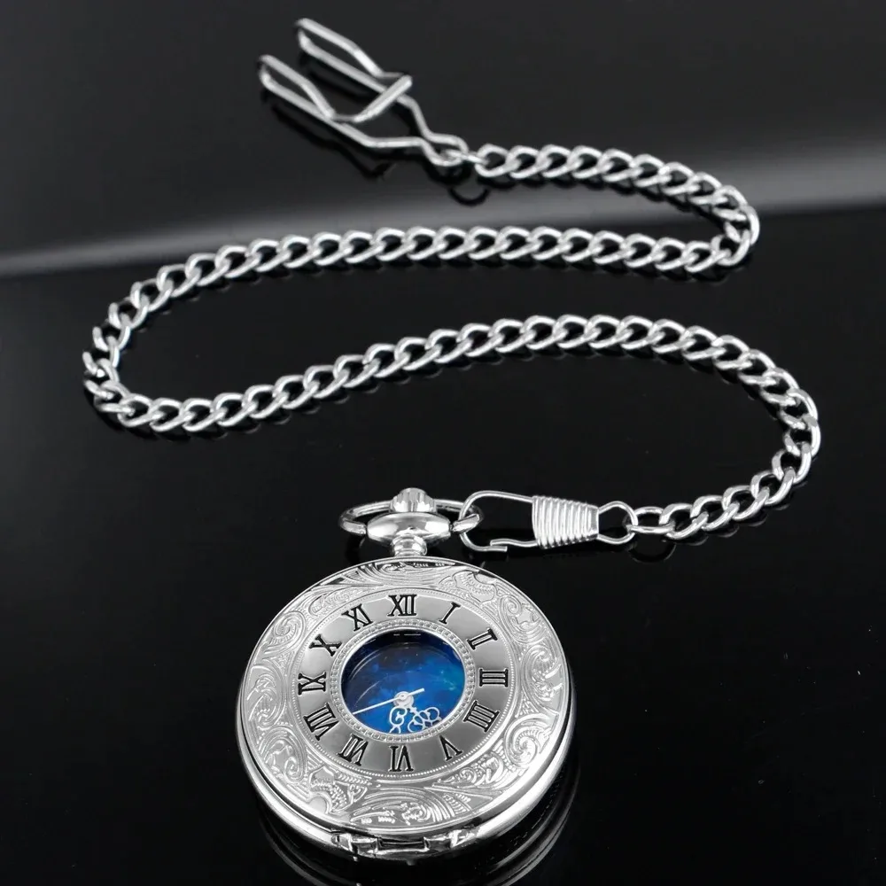 Steampunk Pocket Watch Hollow Blue Starry Design Roman Numerals Vintage Quartz Pocket Watches for Men with Chain Jewelry Gift