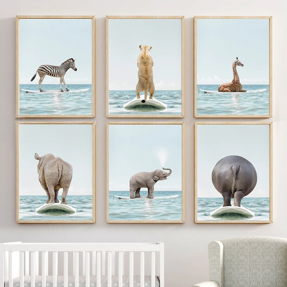 Surfing Animal Wall Art Prints Cute Zebra Lion Giraffe Elephant Rhino Hippo Canvas Posters Nursery Decor for Kids Room Playro