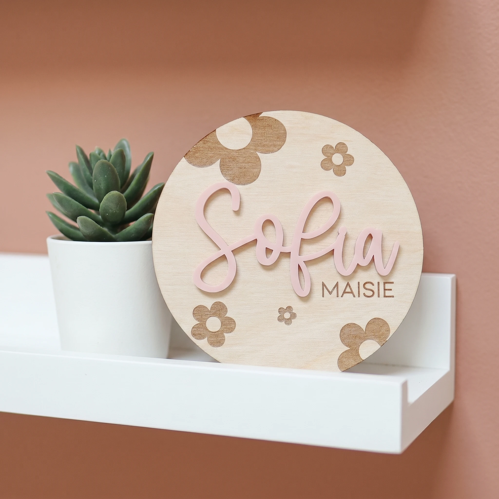 1Pc Personalized Baby Name Wood Sign Custom Flower Round Name Plaque Newborn Photo Prop Baby Shower Gift Nursery Wall Decor