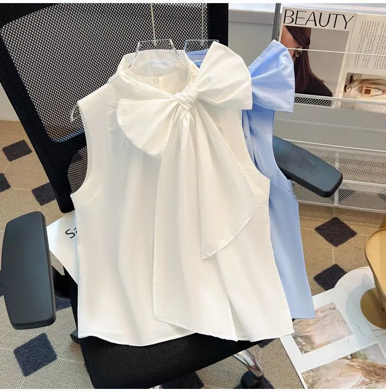 Débardeur sans manches pour femme, style français raffiné, blanc doré à nœud, coupe ample, effet cache-ventre, design élégant, été