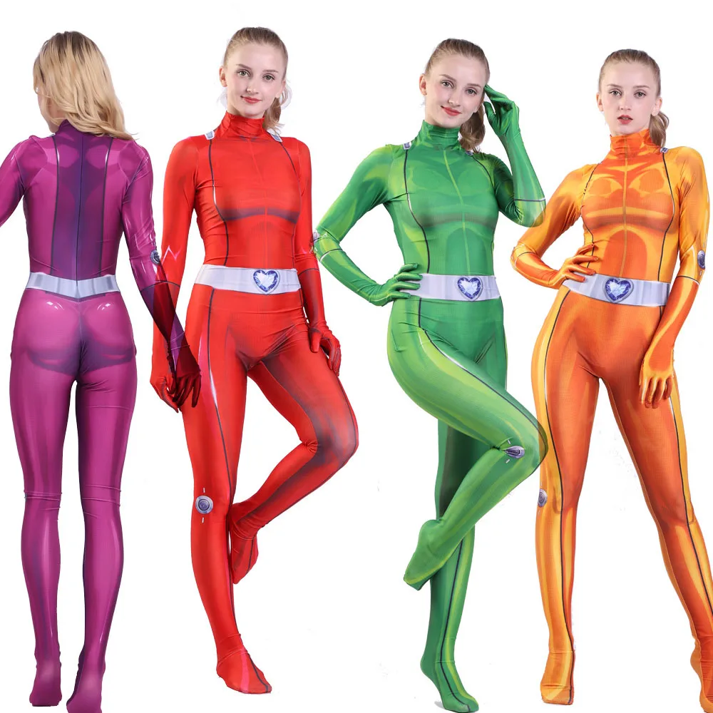 Desenhos animados Totally Spies Cosplay Bodysuit para Mulheres, Meninas Trevo Ewing, 3D Impresso Trajes de Halloween, Alexandra Natal Outfits