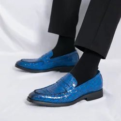 Elegant Blue Men’s Leather Casual Shoes Plus Size 48 Comfort Pointed Social Shoes For Men Crocodile Skin Printed Dress Shoes Man