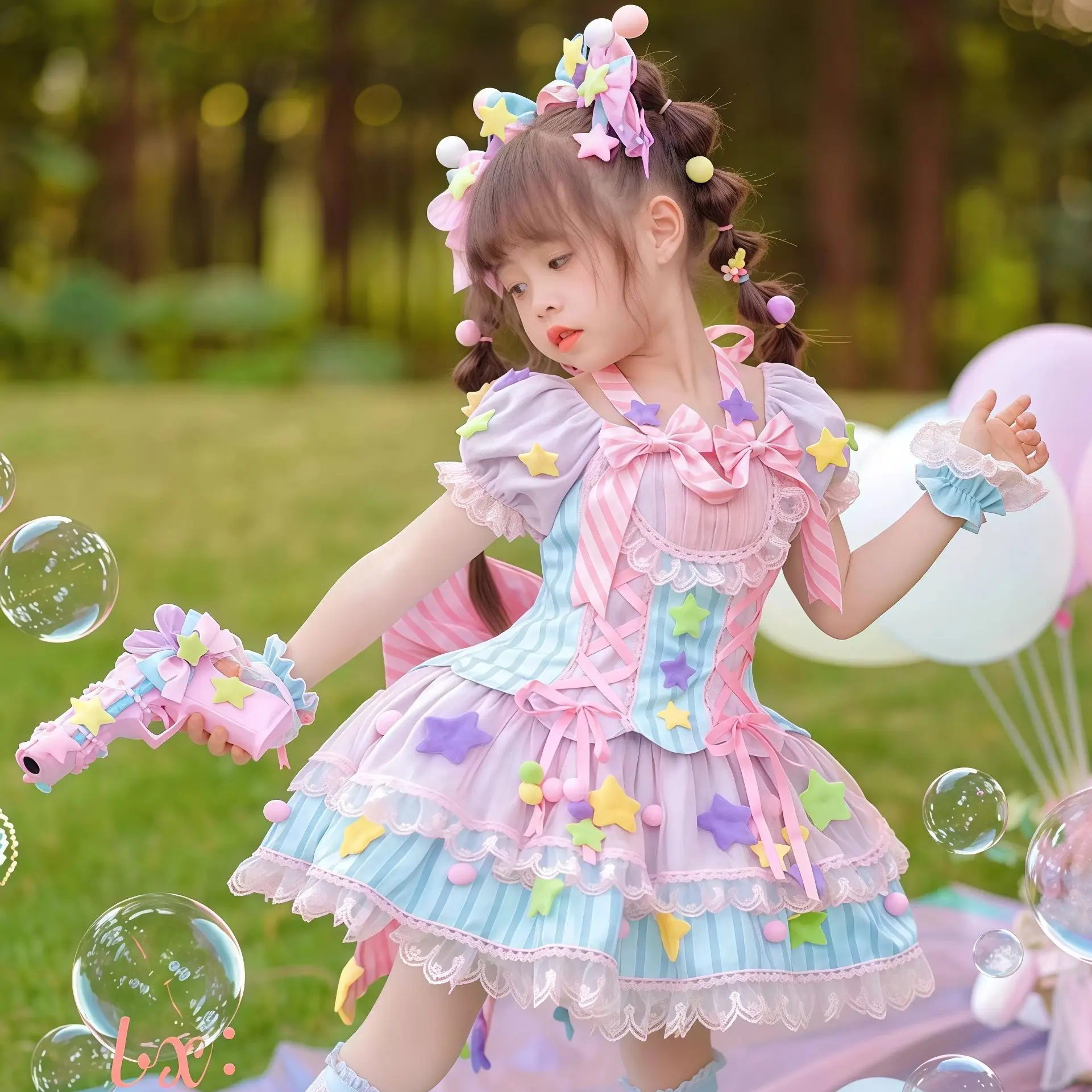 

Summer Kids Lolita Layered Puffy Princess Dress Girls Stripe Birthday Party Children Clothing Bow Performance Festival Ball Gown