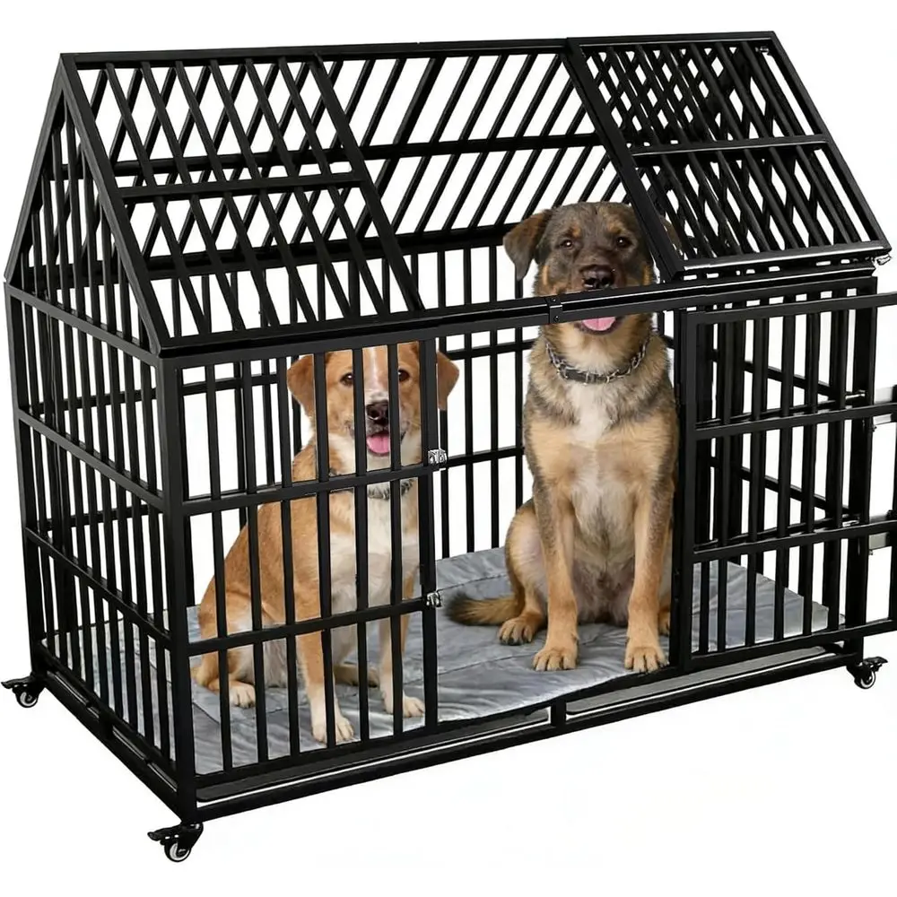 

54 Dog Crate with Mat, Large Dog Crate for Large Dogs, Heavy Duty Dog Kennel Indoor with Roof Top, XL, XXL Dog Cage for Two Dogs