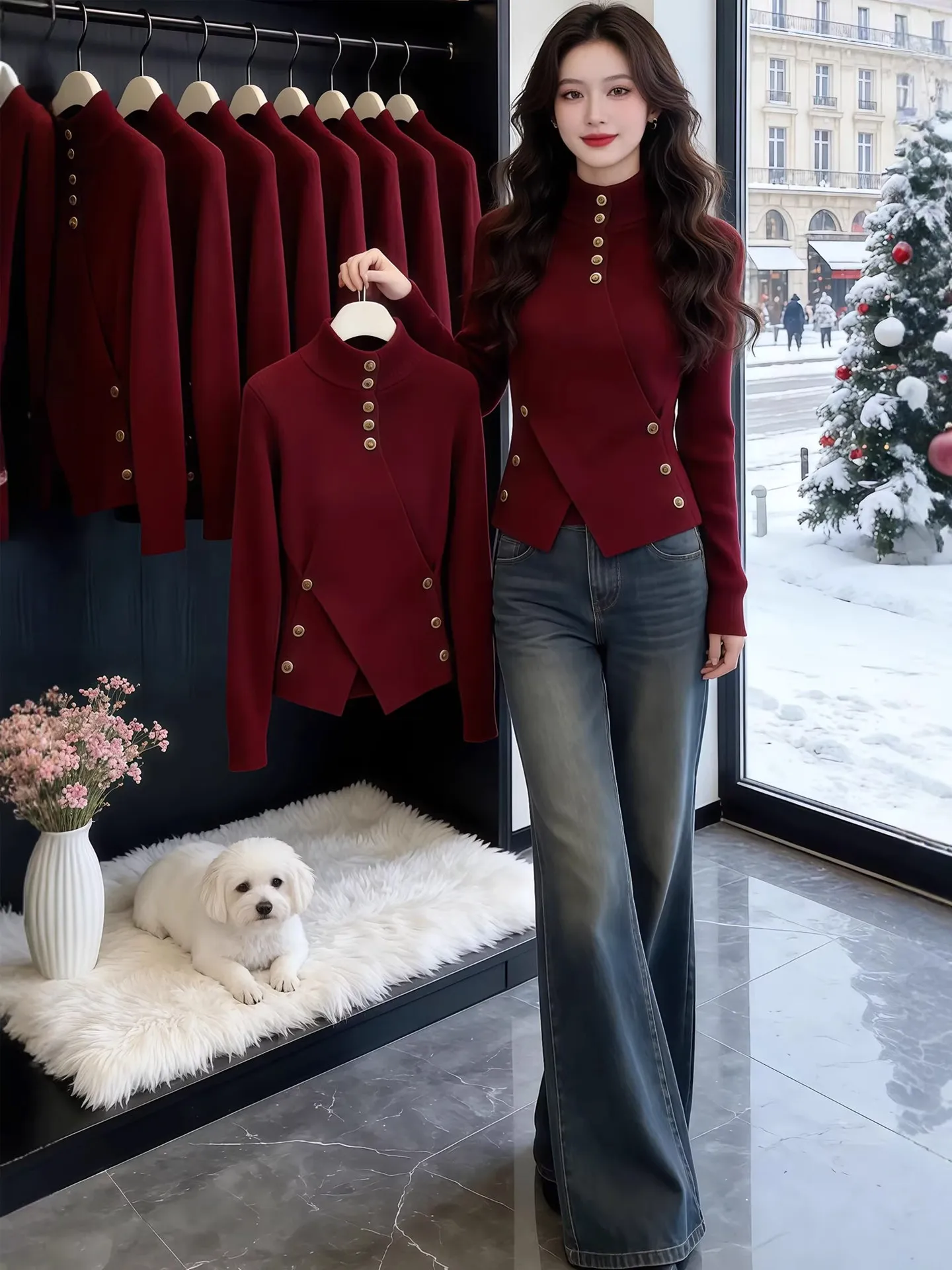 

Красный асимметричный вязаный топ с высоким воротником и перекрестным дизайном, женский, весенний, с разрезом, базовый, с длинными рукавами, из полиэфирного волокна