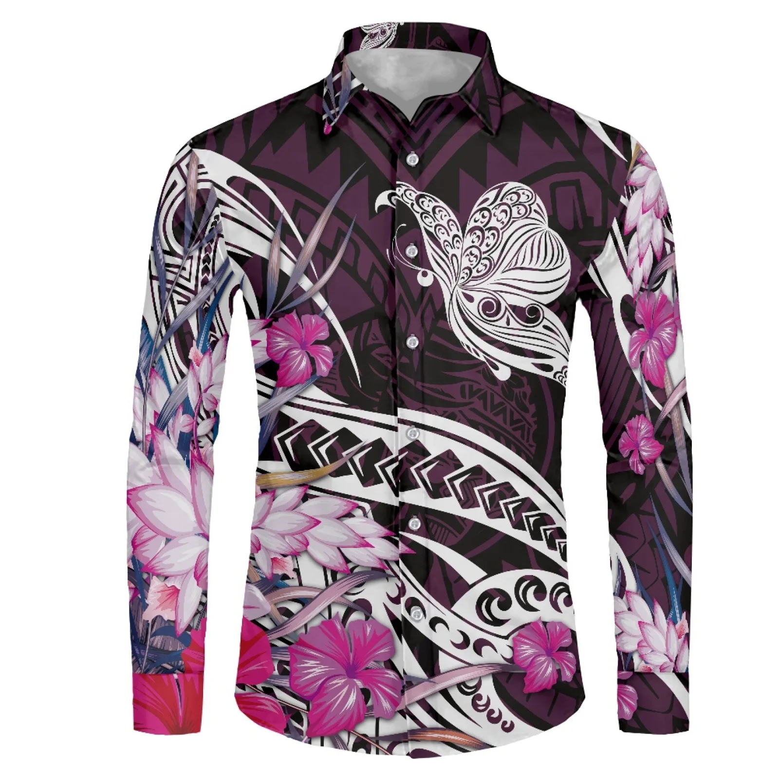 Factory Direct Sales Cheap Price Shirt Polynesian Traditional Tribe Luxury Design Trendy Mens Buttons Long-Sleeve Shirt