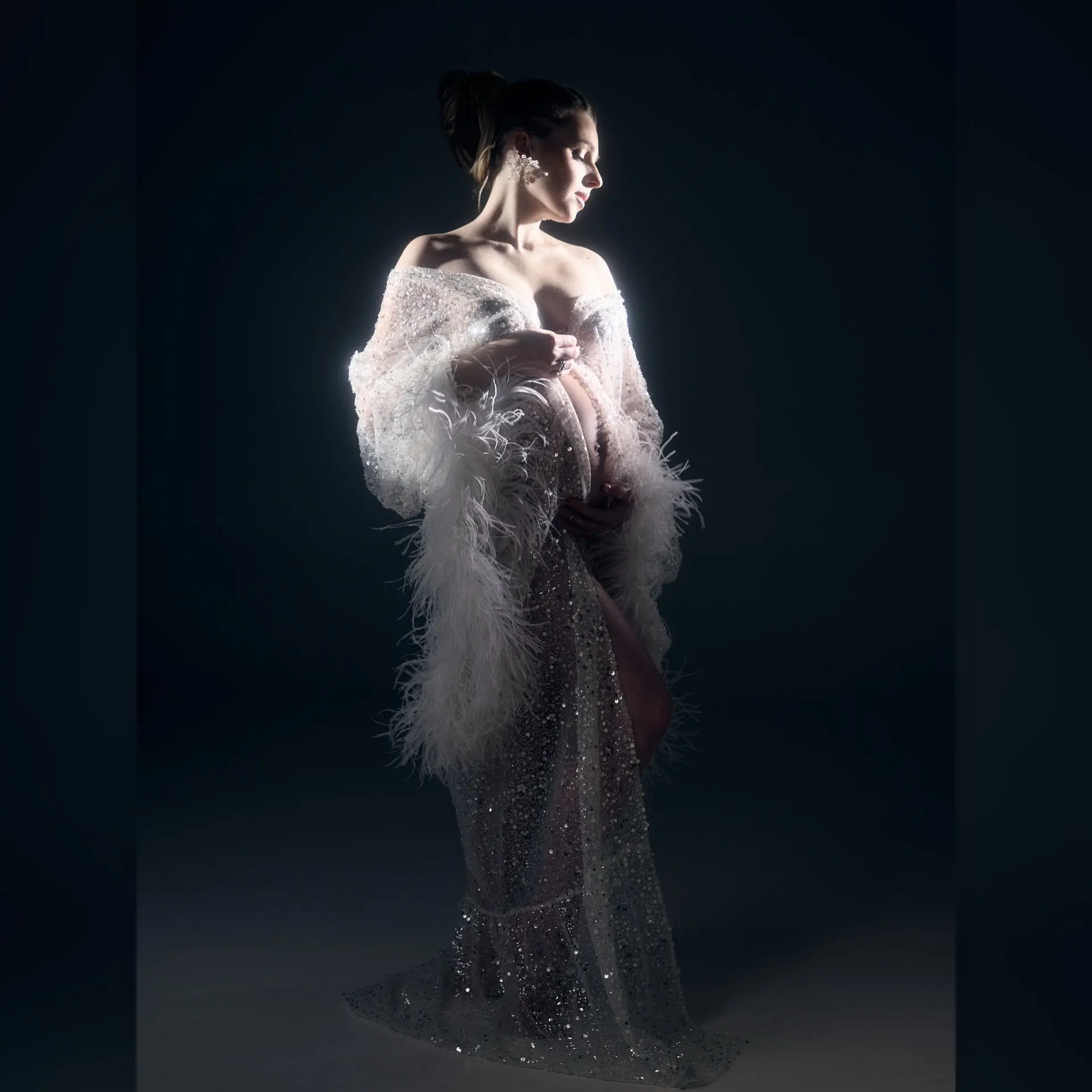 

Glamorous Sequin Mesh Evening Gown with Feathered Sleeve for Party & Formal Events | Hot Sale Starry Dress Maternity Photo Shoot