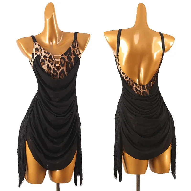 

Women Sexy Backless Leopard Split Dress Female Adult Chacha Rumba Latin Wear Latin Dance Competition Dress