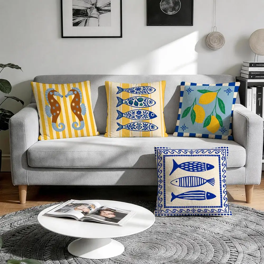 Blue Yellow Summer Art Cushion Cover Natural Breathable Durable Linen Printed Decor Pillow Case Sofa Bedroom