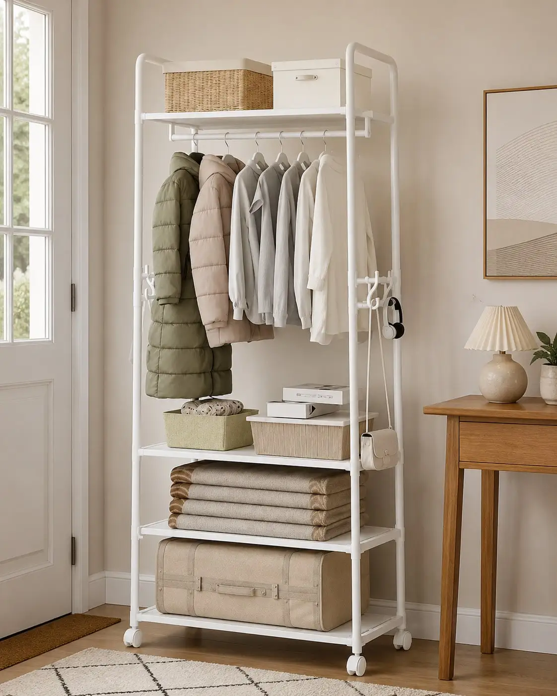 Rolling Clothes Rack With Wheels White 3 Tier Garment Rack With Shelves Hanging Rod Side Hooks Metal Portable Clothes Stand Shoe Rack Organizer For Bedroom Entryway Laundry Room Gift view 3