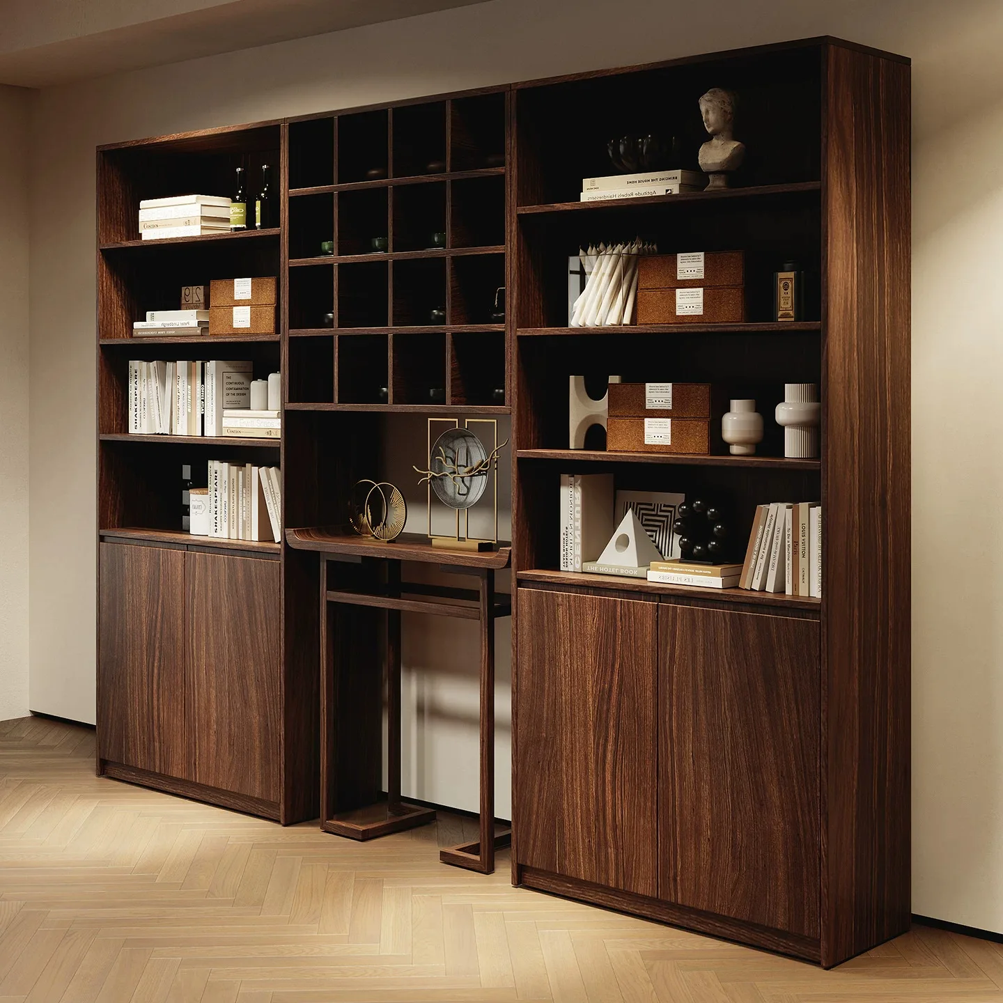South American Walnut Living Room Porch Cabinet Combination Full Wall Bookcase Integrated Whole Wall Living Room Solid Wood