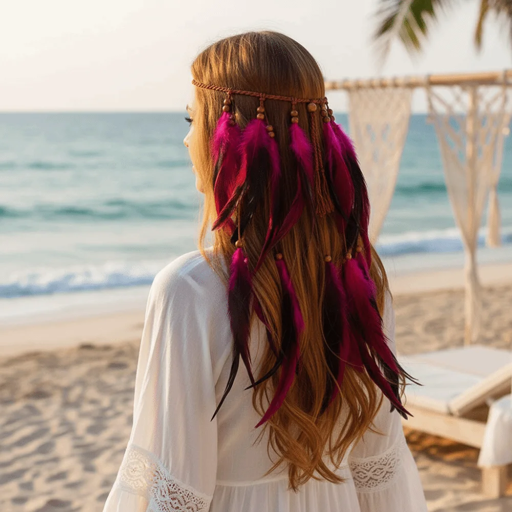 Cascading Tassels Long Feather Headpiece Intricate Beadwork Braided Cord Bohemian Tassel Headband Hand-tied Plumage