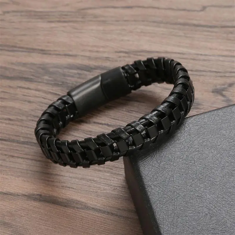 Jiayiqi Punk Men Jewelry Black Braided Leather Bracelet Stainless Steel Magnetic Clasp Fashion Bangles Wholesale Customize