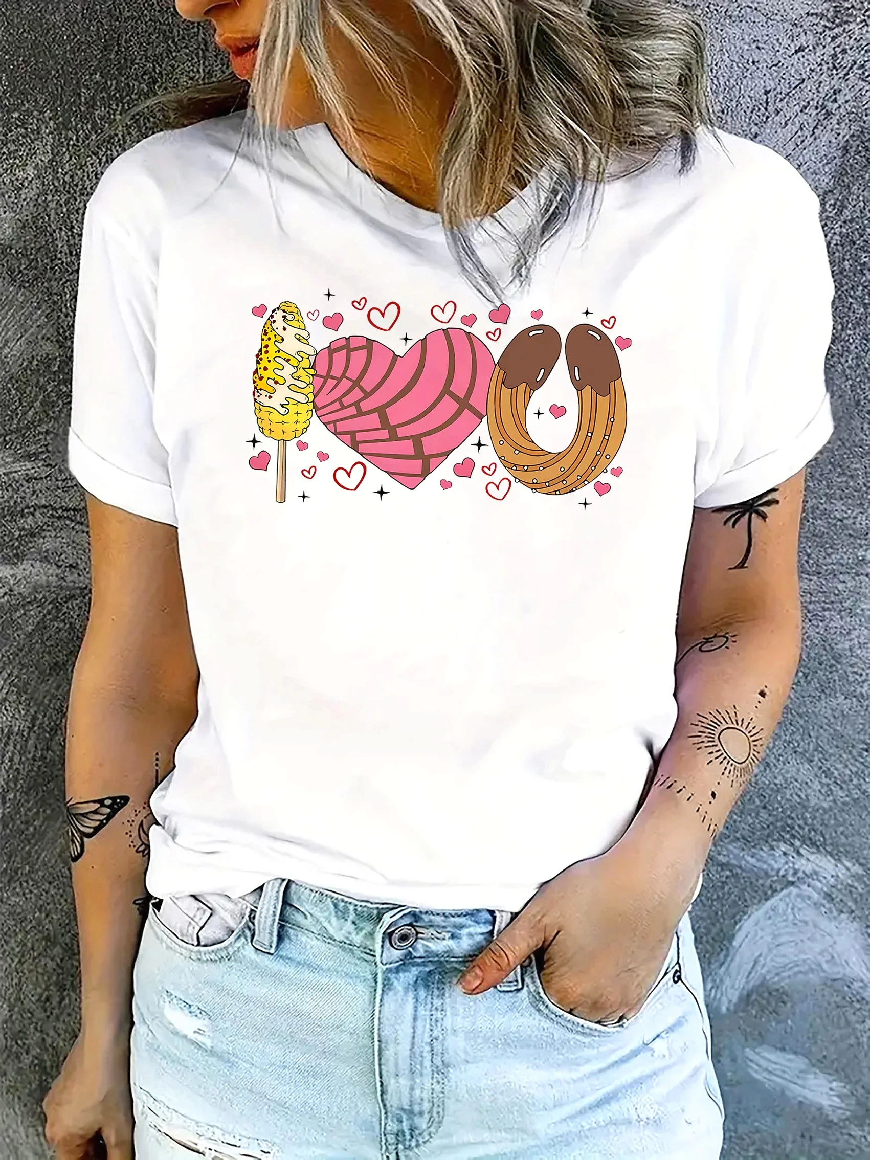 

Creative Corn Pretzel Heart Print Women'S Casual Short Sleeve T-Shirt Summer Sleeved Harajuku Streetwear Tops