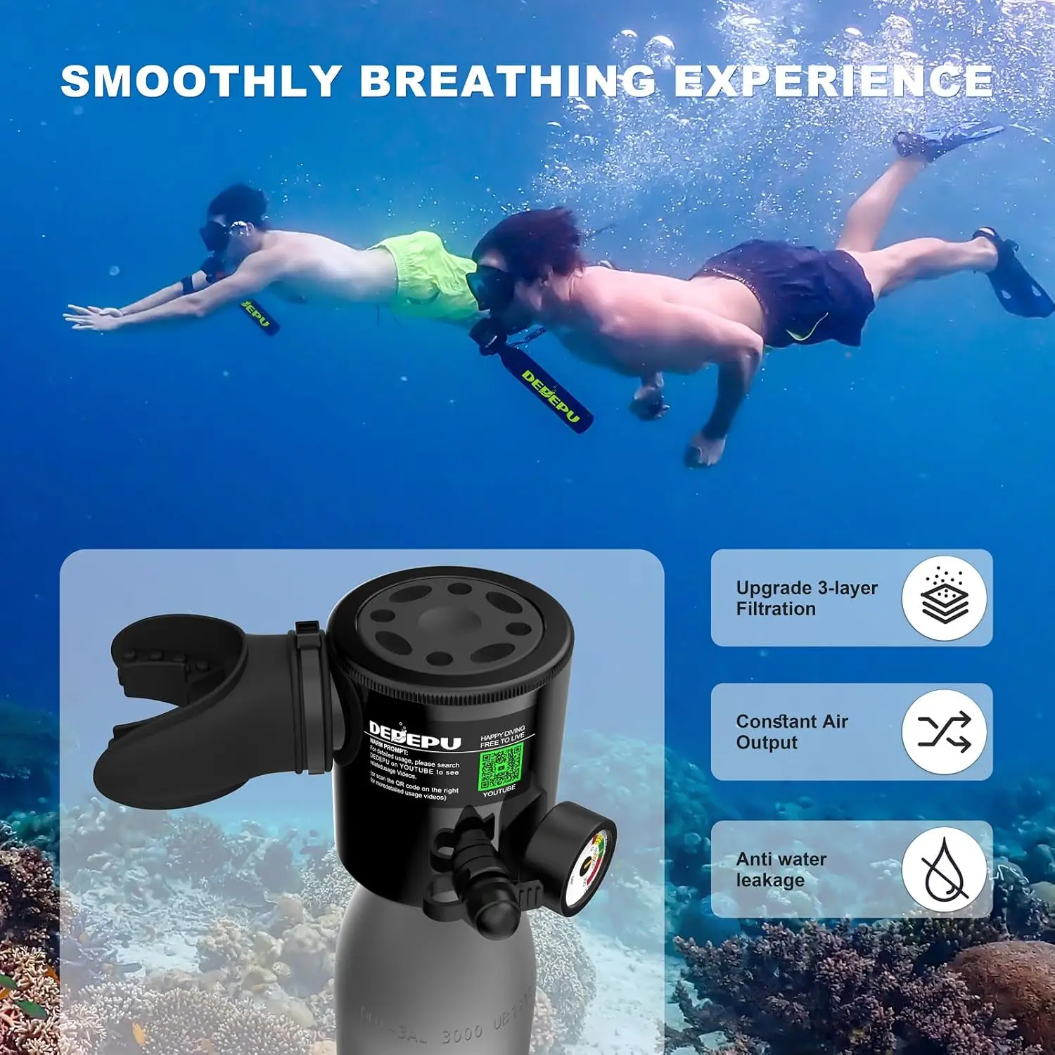 0.5L Scuba Diving Tank for Underwater Breathing, Portable Lung with Up to 10 Minutes Air Supply, 3000 PSI Max Pressure – Emergency Rescue Pony Bottle