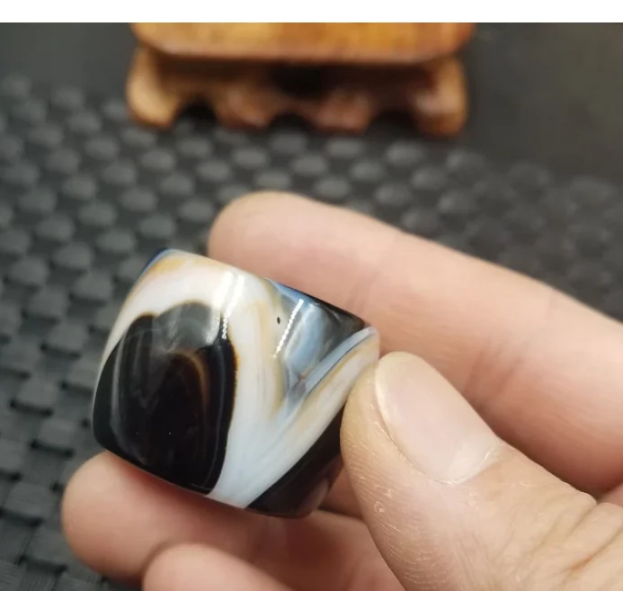Natural Black Whit Agate For Men Women With Texture Handmade Brand Jadeite Jade Rings Jewelry Stone 1 pair