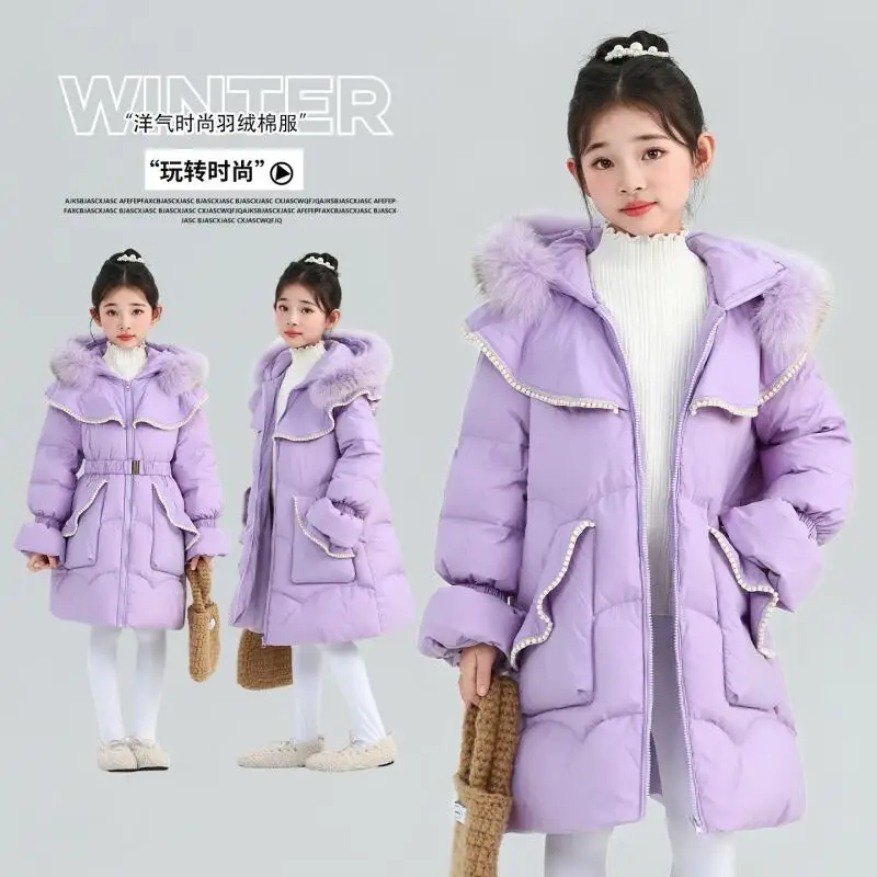 Girls Winter Cotton Jackets Coat Princess Style Kids Zipper Hooded Jacket Thickened Warm Long Outwears Teenager Casual Parkas