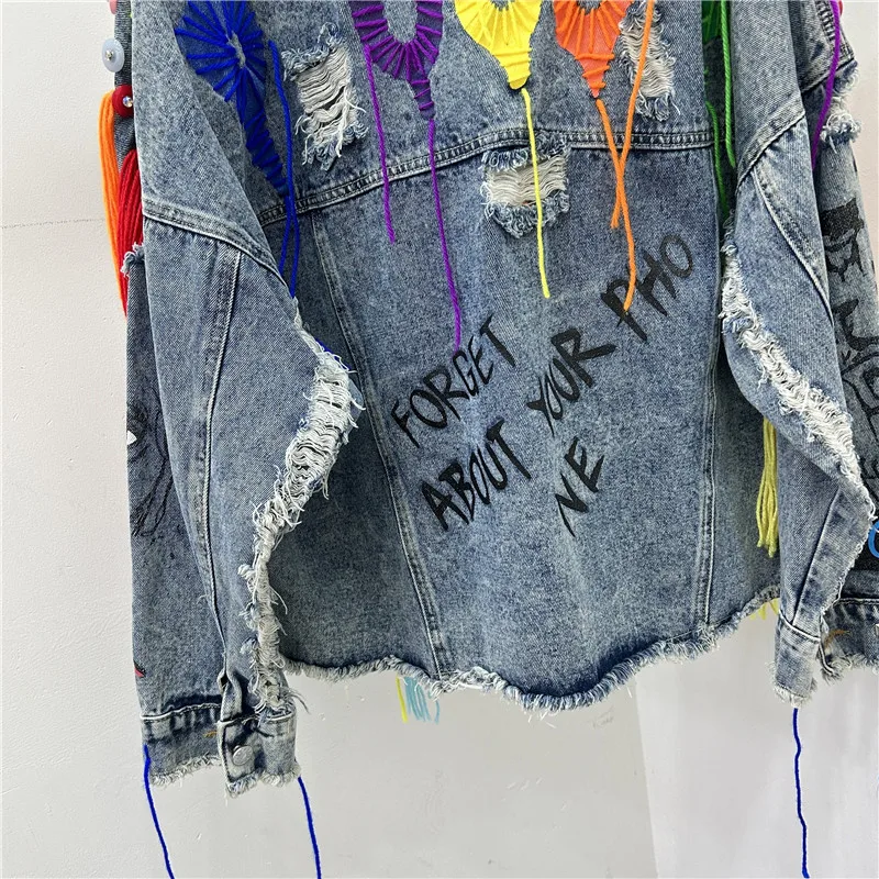 Ręcznie malowane Graffiti Line Tassel Rivet Short Hole Denim Jacket Blue Black Casual Streetwear Lapel Long Sleeve Jeans Jacket Coat