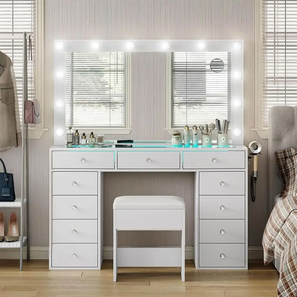 Illuminated Vanity Desk with Mirror, Makeup Table with Power Outlet, 11 Lights, RGB Lighting, Cushioned Stool, White Bedroom/Dre
