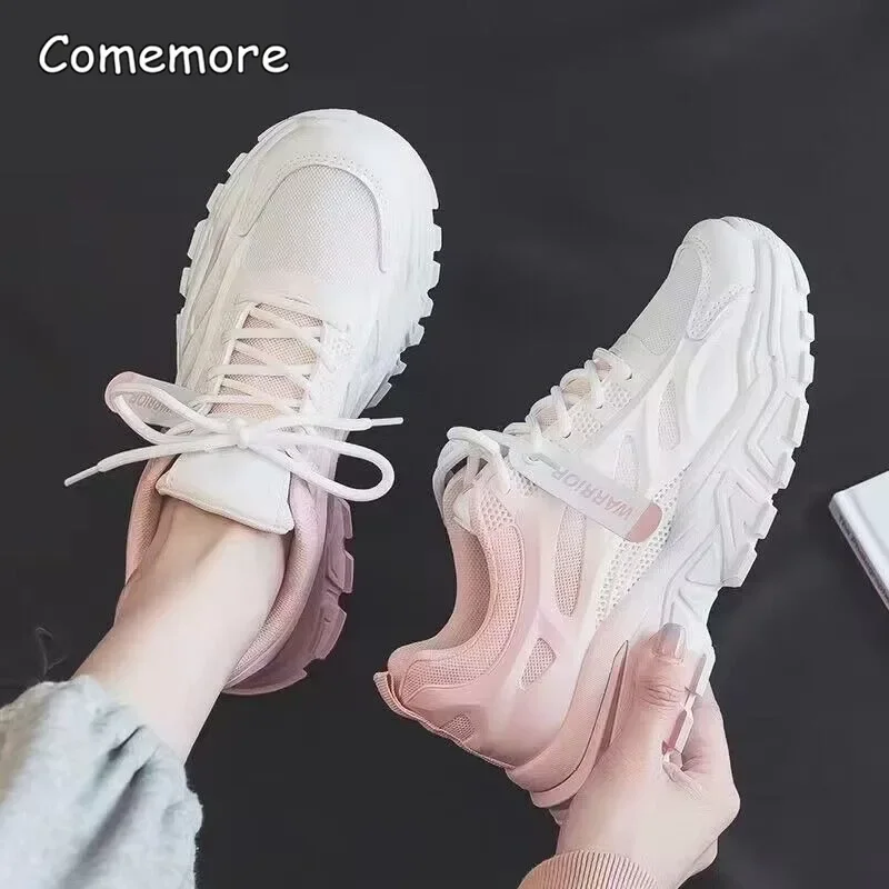 Comemore Thick Bottom Shoes Women 2023 Autumn Thick Mesh Breathable New Casual Gradient White Shoe Women's Sneakers Running Pink