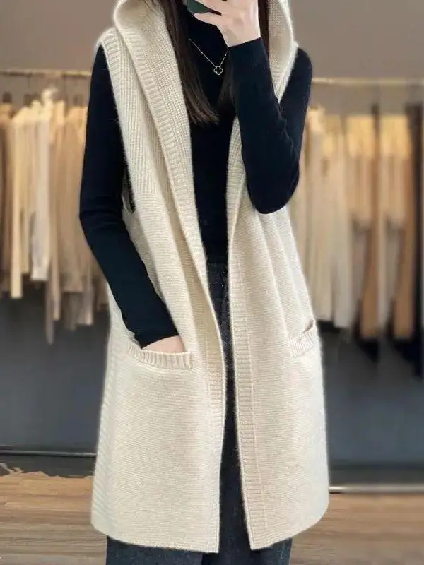 Loose Knitted Cardigan Women's Vest Sleeveless Mid-Length Open Front Soft Fabric Casual Style Warmth Heating Function