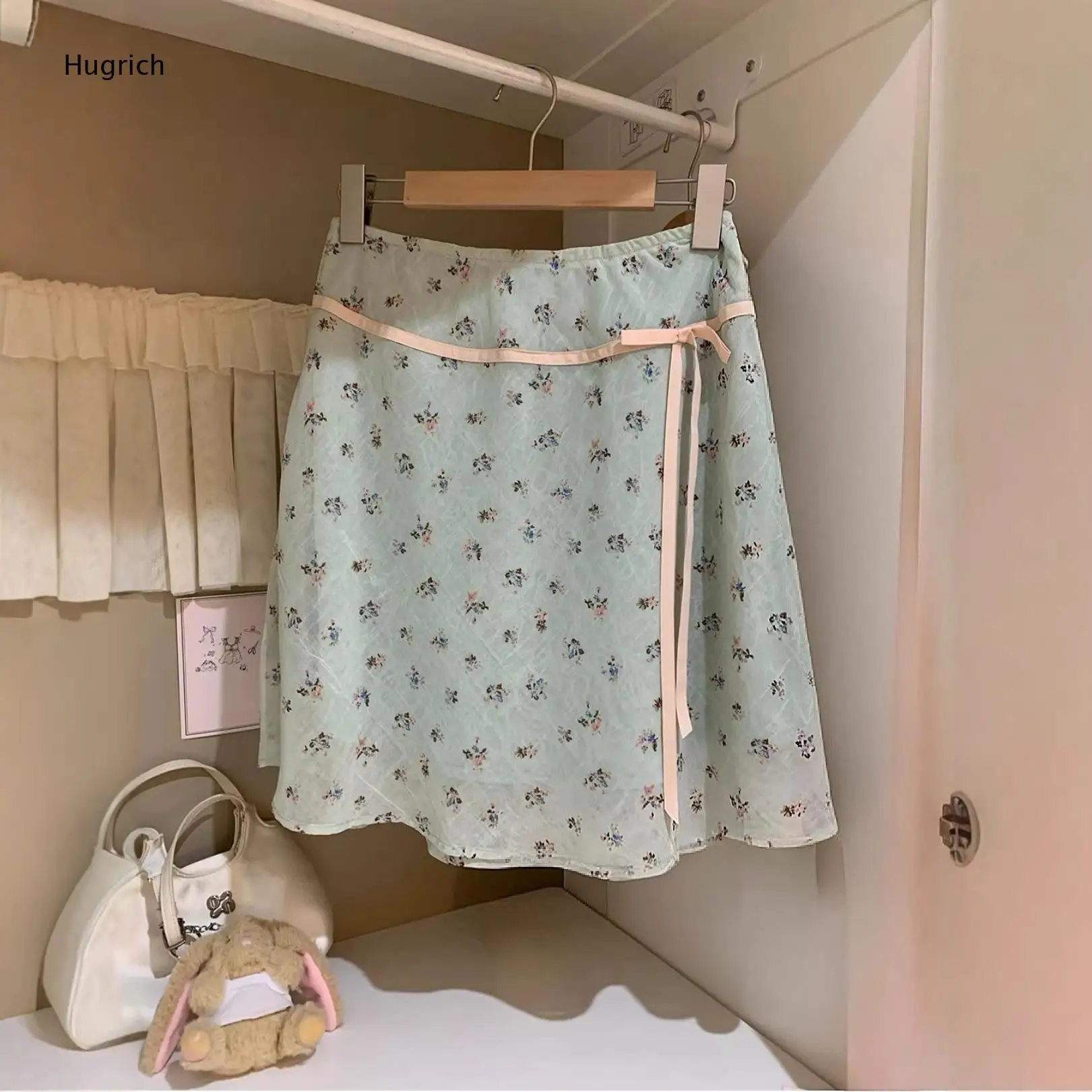 Fresh Mint Green Ditsy Floral Mini Skirt Pink Ribbon Waistband Lightweight A-Line Short Skirt Sweet Girly Daily Casual