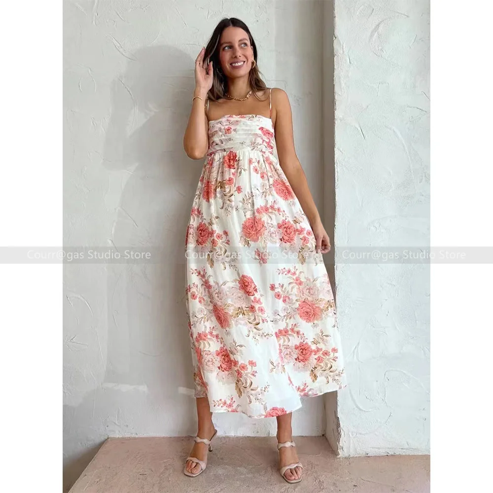 

Australia niche new sexy romantic rose print holiday style halter dress women